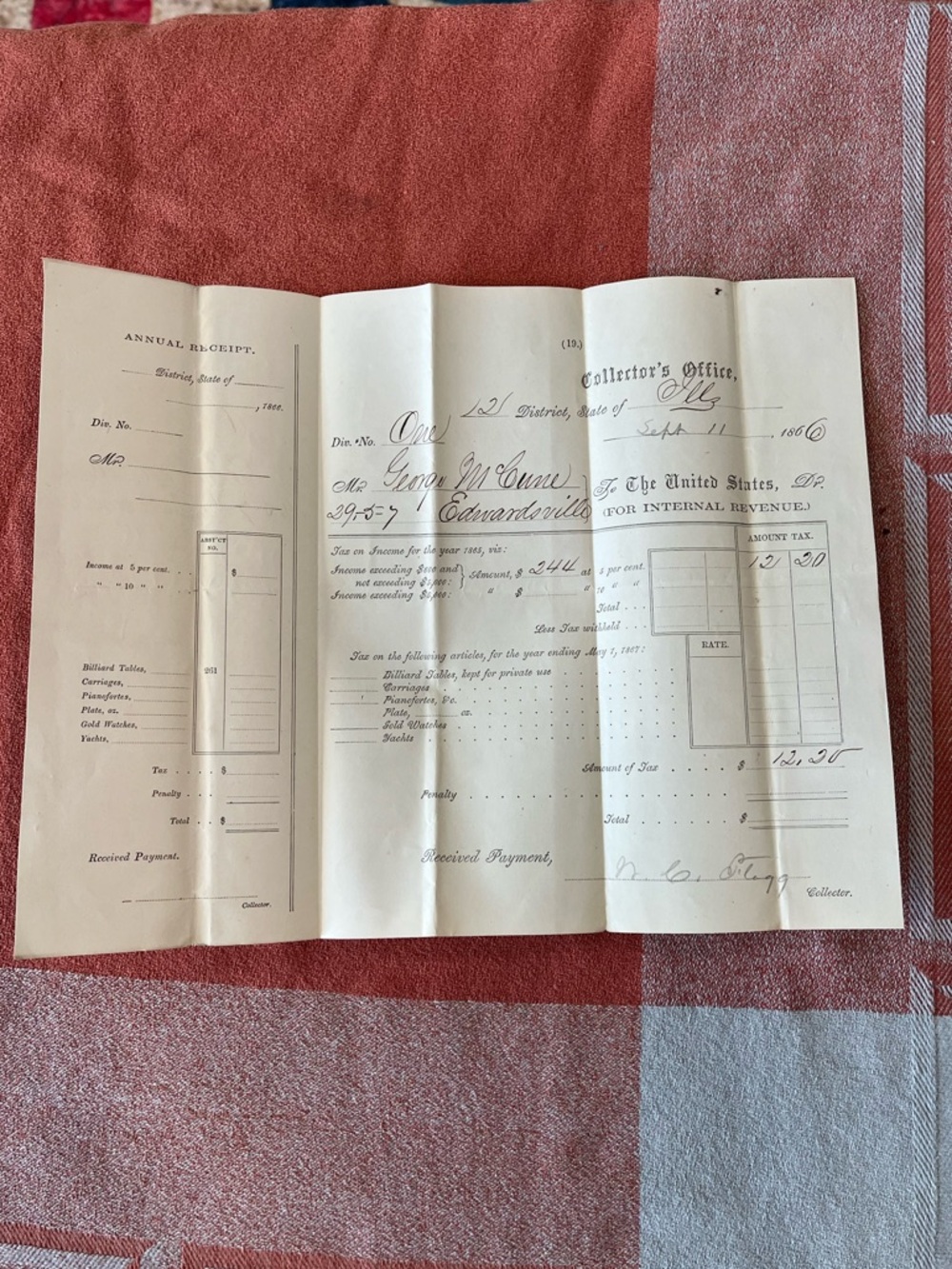 RARE! 1866 Internal Revenue Tax Receipt
